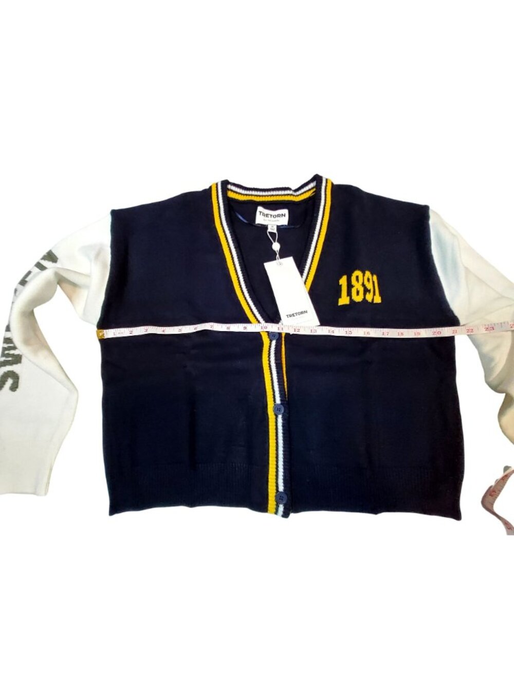 Tretorn Navy & White Varsity Style Cardigan With Yellow Stripe Accents Medium - Picture 3 of 11